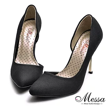 【Messa米莎專櫃女鞋】MIT尖頭蜜桃絨側鏤空金屬高跟包鞋-黑色35黑色
