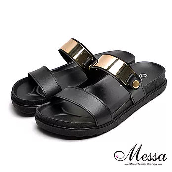 【Messa米莎專櫃女鞋】MIT歐美個性金屬一字寬帶厚底涼拖鞋-黑色36黑色