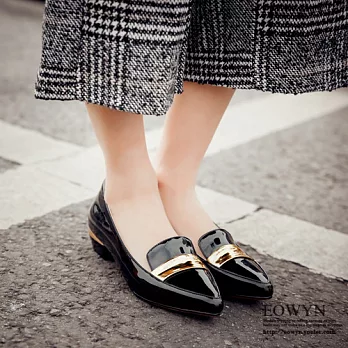EOWYN．時尚新款撞色尖頭淺口粗跟低跟包鞋EMD04665-77/2色/34-39碼現貨+預購34黑色