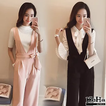 吊帶褲 V領九分吊帶連身褲(附腰帶) 二色-HeHa-L(粉色）