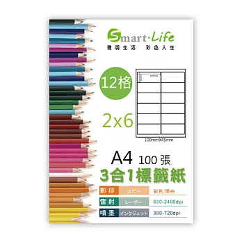 Smart-Life 3合1白色標籤紙 A4 100張 2X6(12格)