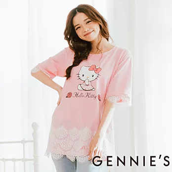Gennie’s奇妮 Hello Kitty可愛女孩拼接蕾絲長版上衣-粉M粉M