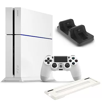 PS4 主機 500G CUH-1207冰河白+副廠雙手把充電座+副廠直立架-白+主機專用機身貼任選*1小藍-幻白-01