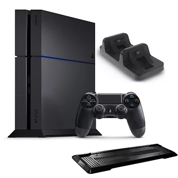 PS4 主機 500G CUH-1207極致黑+副廠雙手把充電座+副廠直立架-黑+主機專用機身貼任選*1小藍-幻白-01