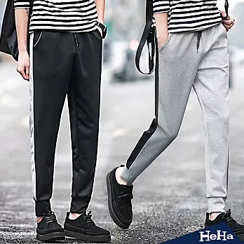 休閒褲 拼接螺紋束腳潮流長褲 二色-HeHa-2XL(黑色）