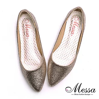 【Messa米莎專櫃女鞋】MIT耀眼金蔥亮片內真皮尖頭低跟包鞋-金色35金色