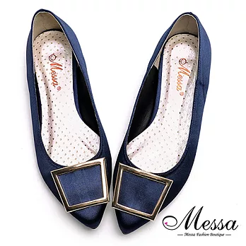 【Messa米莎專櫃女鞋】MIT迷人金屬方釦內真皮緞面尖頭鞋-藍色35藍色