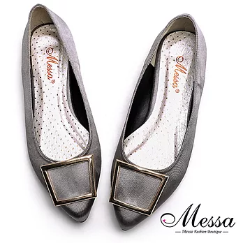 【Messa米莎專櫃女鞋】MIT迷人金屬方釦內真皮緞面尖頭鞋-灰色35灰色