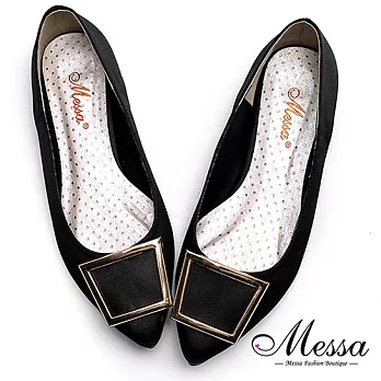 【Messa米莎專櫃女鞋】MIT迷人金屬方釦內真皮緞面尖頭鞋-黑色35黑色