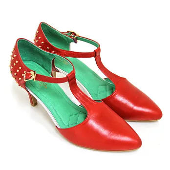 ◤Green Phoenix◥BIS-VITAL 復古經典金屬釘扣T字鏤空日本進口羊皮尖頭高跟瑪莉珍鞋37.5紅色