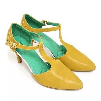 ◤Green Phoenix◥BIS-VITAL 復古經典金屬釘扣T字鏤空日本進口羊皮尖頭高跟瑪莉珍鞋34黃色