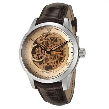【EMPORIO ARMANI】經典真皮錶帶鏤空機械錶(AR4627)/40mm