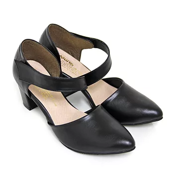 【Pretty】復古時尚沾黏式尖頭粗高跟瑪麗珍鞋22.5黑色