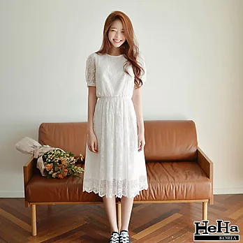 洋裝 蕾絲網紗短袖收腰中長版洋裝 白色-HeHa-M白色