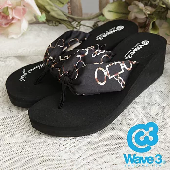 WAVE 3 (女) - 甜姐兒II 鏈鎖緞布高底人字拖鞋 - 鏈黑S黑色