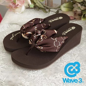 WAVE 3 (女) - 甜姐兒II 鏈鎖緞布高底人字拖鞋 - 鏈咖S咖啡色
