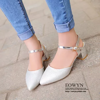 EOWYN.韓版潮流新款涼鞋後鏤空粗跟尖頭鞋EMD04776-65/2色/34-39碼現貨+預購34銀色
