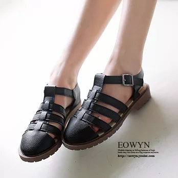 EOWYN.日韓新款圓頭線條釦環休閒平底涼鞋EMD04777-46/3色/34-39碼現貨+預購34黑色