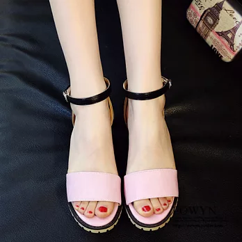 EOWYN.時尚大方簡約寬版拼色一字釦環蘩裸粗跟涼鞋EMD04780-47/4色/34-39碼現貨+預購34粉色