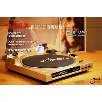【好感音樂】VOXOA T30黑膠唱盤優惠組合／額外加送Audio Technica AT3600L替換唱針 ＋ 好感音樂黑膠城300元折價券／110伏特台灣適用／香檳金色