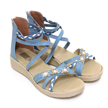【Pretty】清新甜美編織雙色交叉繫踝厚底涼鞋22.5藍色