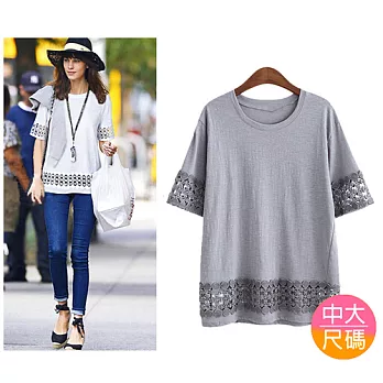 【SCL南加州丹寧時尚】歐美熱銷白灰兩色清新蕾絲花瓣寬版罩衫 (XL-5L)XL灰色