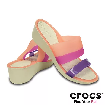 Crocs - 女-色彩布駱格亮透小坡跟鞋 -35西瓜紅/水泥灰色