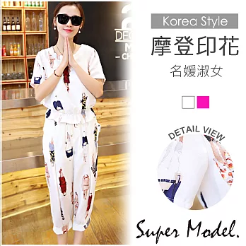 【名模衣櫃】韓系摩登印花七分褲套裝-共2色(M-XXL可選)M白色