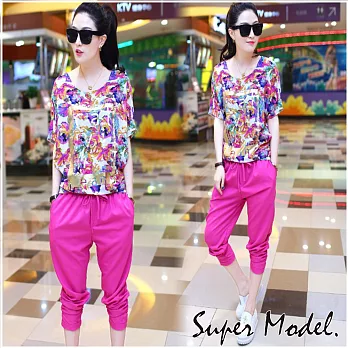 【名模衣櫃】韓系摩登印花七分褲套裝-共2色(M-XXL可選)M桃紅色