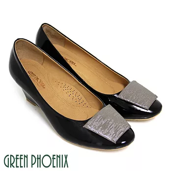 ◤Green Phoenix◥BIS-VITAL 典藏絕品金屬感壓紋梯形義大利進口山羊皮楔型包鞋35黑色