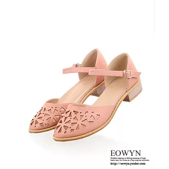 EOWYN．流行百搭時尚新款一字釦環雕花粗跟低跟涼鞋EMD04859-50/3色/34-39碼現貨+預購34粉色