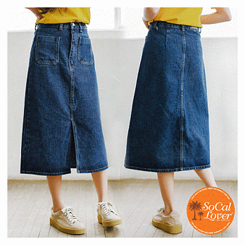 經典款中藍雙口袋氣質曲線開叉高腰牛仔長裙L中藍