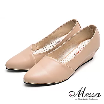 【Messa米莎專櫃女鞋】MIT經典美型素面斜口楔型包鞋35可可色