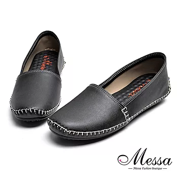 【Messa米莎專櫃女鞋】MIT素面縫線柔軟豆豆底圓頭包鞋39黑色