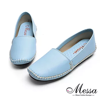 【Messa米莎專櫃女鞋】MIT素面縫線柔軟豆豆底圓頭包鞋36藍色