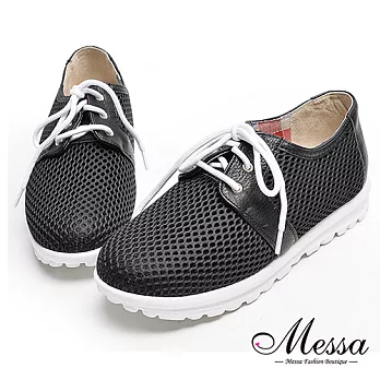 【Messa米莎專櫃女鞋】MIT-輕盈透氣網狀拼接皮革內真皮造型休閒鞋36黑色