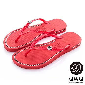 QWQ夾拖的創意(女) - 彩色素面鞋面施華洛世奇鑽鍊夾腳拖鞋 - 搖滾紅35搖滾紅