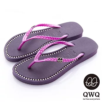 QWQ夾拖的創意(女) - 彩色素面鞋面施華洛世奇鑽鍊夾腳拖鞋 - 神秘紫35神秘紫