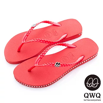 QWQ夾拖的創意(女) - 彩色素面鞋側施華洛世奇鑽鍊夾腳拖鞋 - 搖滾紅35搖滾紅