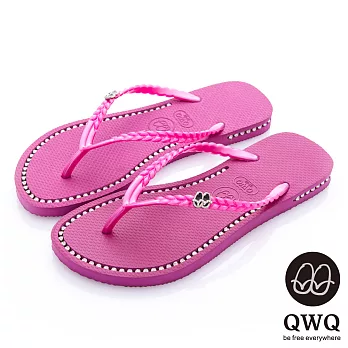 QWQ夾拖的創意(女) - 彩色素面鞋面+鞋側 施華洛世奇鑽鍊夾腳拖鞋 - 俏麗粉35俏麗粉