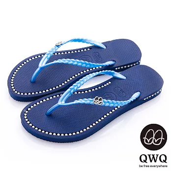 QWQ夾拖的創意(女) - 彩色素面鞋面+鞋側 施華洛世奇鑽鍊夾腳拖鞋 - 寶石藍35寶石藍