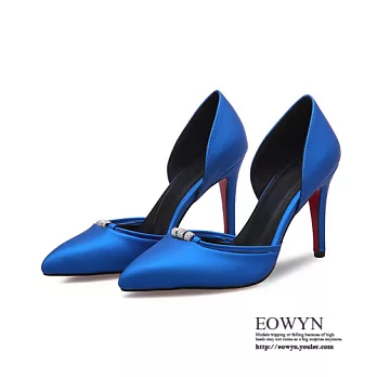 EOWYN．歐美時尚淺口高跟鞋尖頭包鞋工作鞋中空涼鞋EMD04930-98/3色/34-39碼現貨+預購34藍色