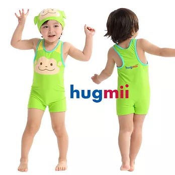 【hugmii】無袖連身附泳帽兒童泳裝_猴子100綠