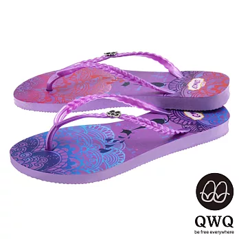 QWQ夾拖的創意(女) - 猫咪塗鴨 心心相印 夾腳拖鞋 - 藍配紫37紫