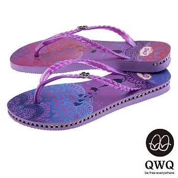 QWQ夾拖的創意(女) - 猫咪塗鴨 心心相印 側鑽鍊夾腳拖鞋 - 藍配紫37紫