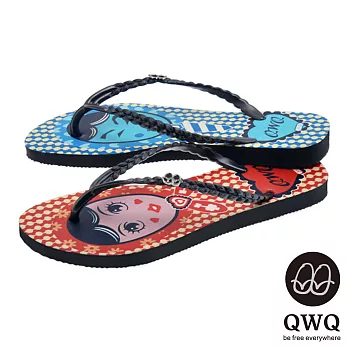 QWQ夾拖的創意(女) - 左右大不同 豆豆男女 夾腳拖鞋 - 藍紅配35黑