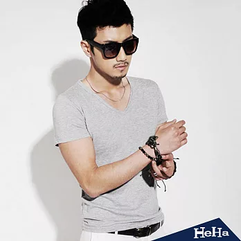 T恤 韓版彈性V領純色短T 四色-HeHa-XL（淺灰）