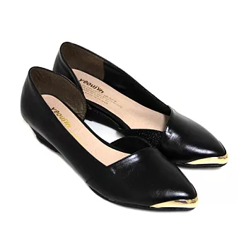 【Pretty】典雅金蔥拼接側空金屬尖頭楔型鞋22.5黑色