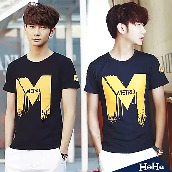 T恤 彈性綿圓領印花短袖上衣 二色-HeHa-XL（黑色）