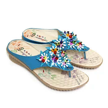 【Pretty】七彩串珠拼色花朵點綴坡跟夾腳拖鞋36藍色